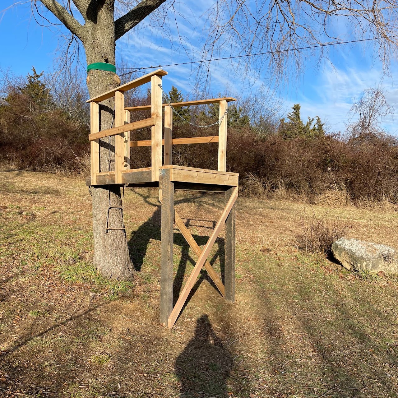 Custom wood tree-mounted stand with ladder and railings in field