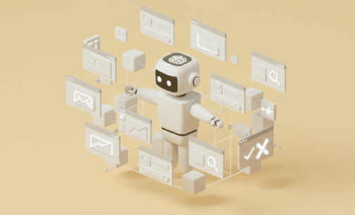 An isometric 3D illustration of a robot surrounded by a cloud of floating monitors and browsers