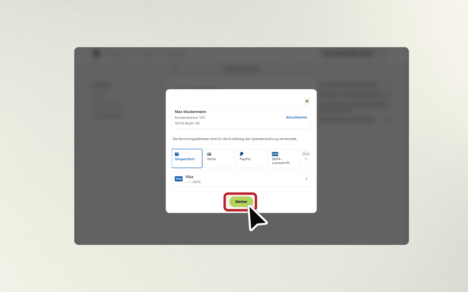 Modal mit Adressangaben und ausgewählter Zahlungsmethode