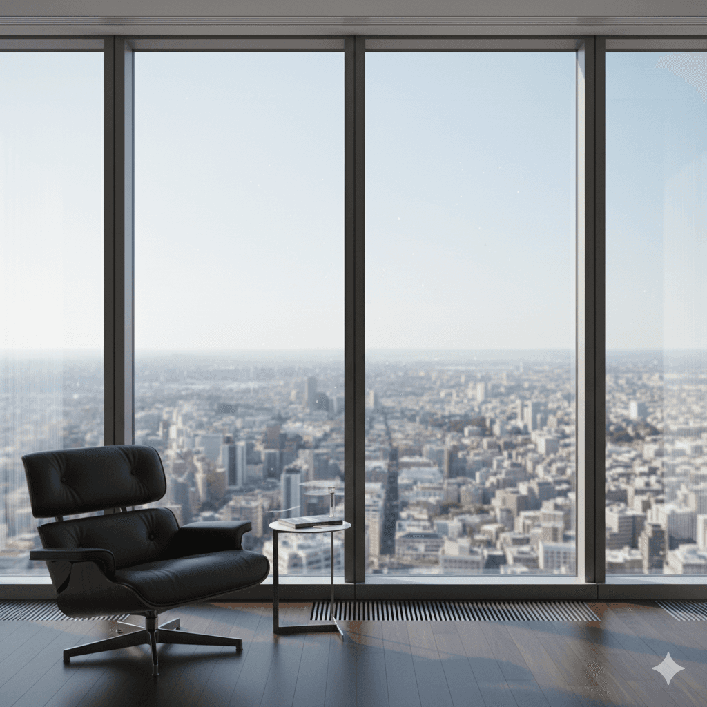 Designer chair by floor-to-ceiling double-glazed window, city view