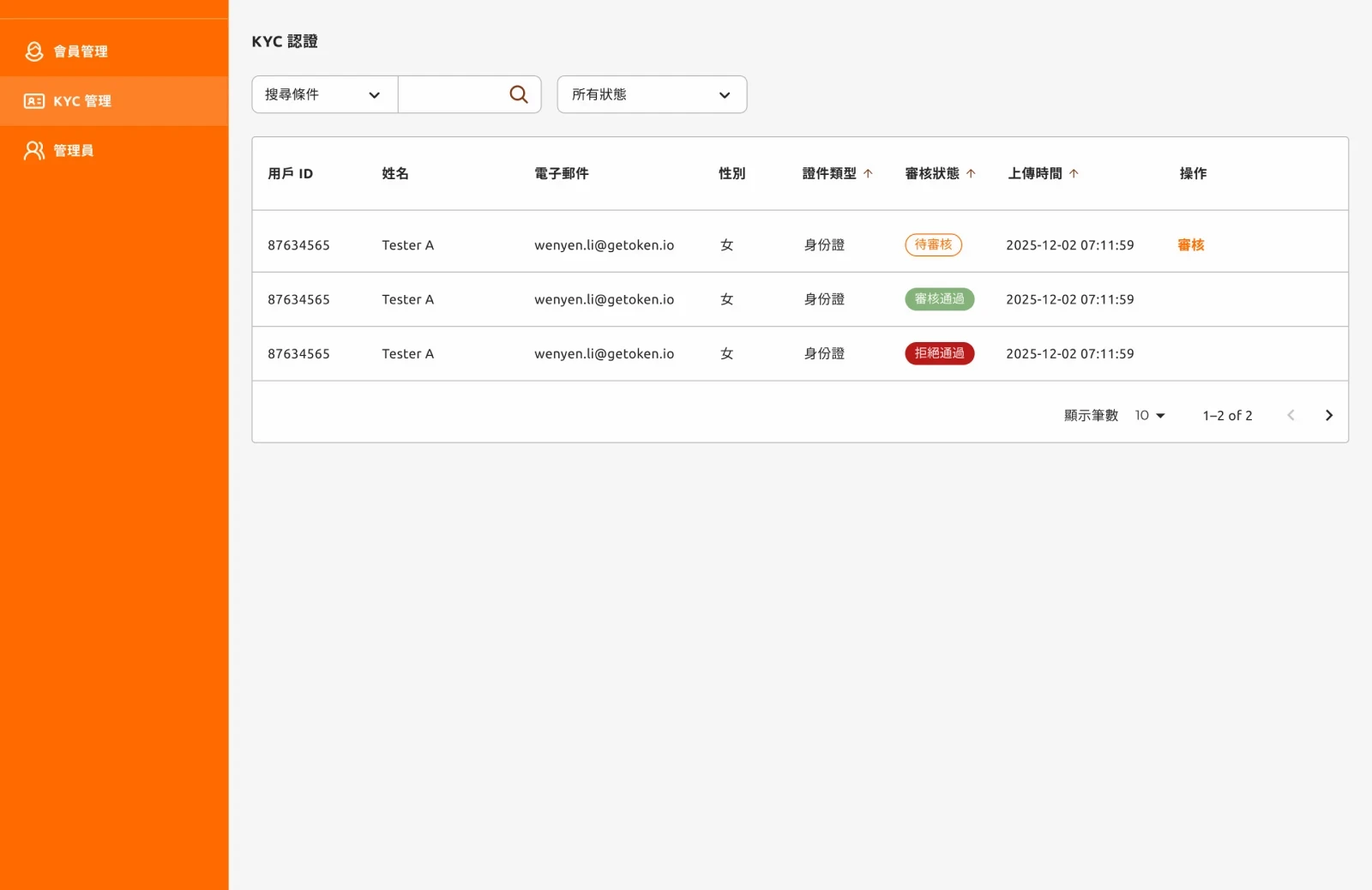 Bridgefy admin dashboard interface for KYC verification and user management in crypto wallet platform