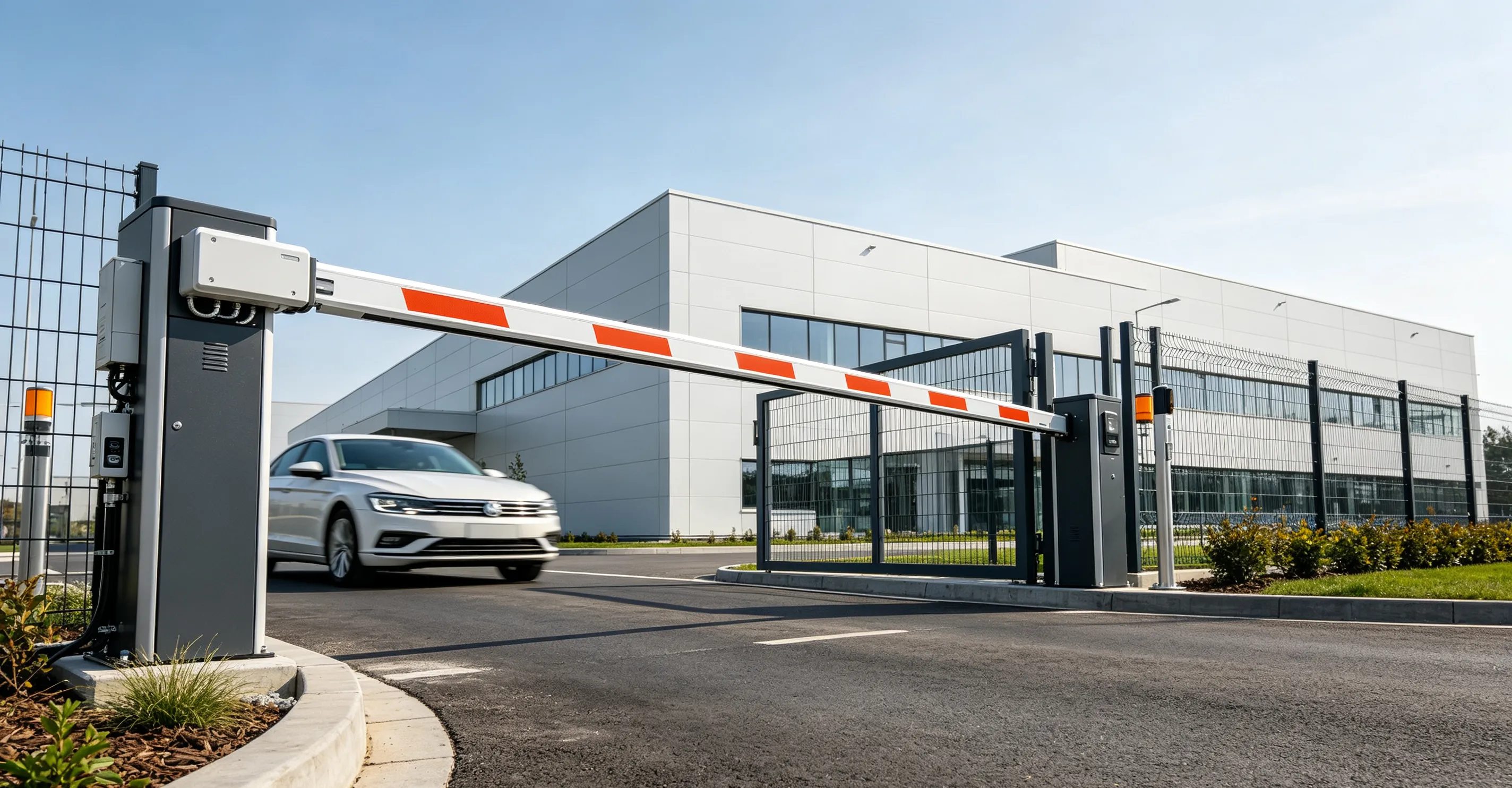 Automatic barrier gate system controlling vehicle access at a commercial entrance