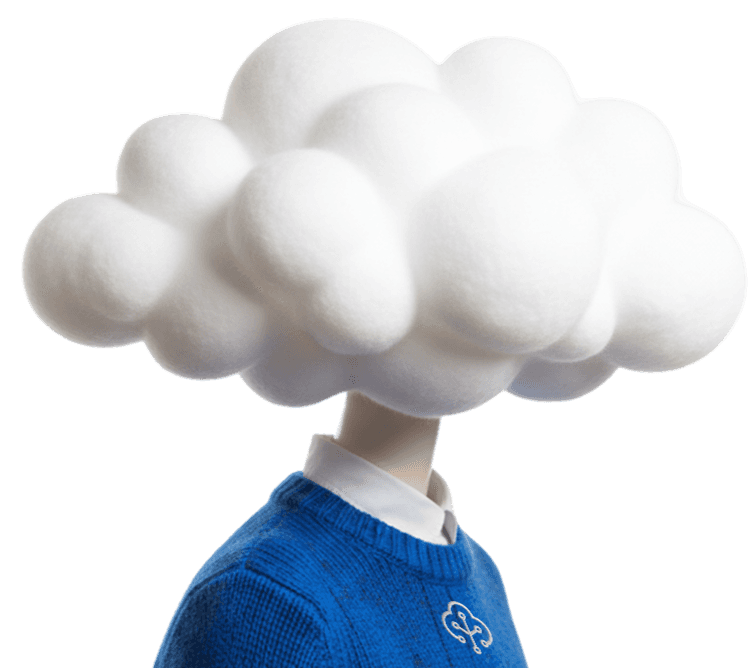 Person wearing a cloud-shaped mask covering their head, dressed in a blue sweater.