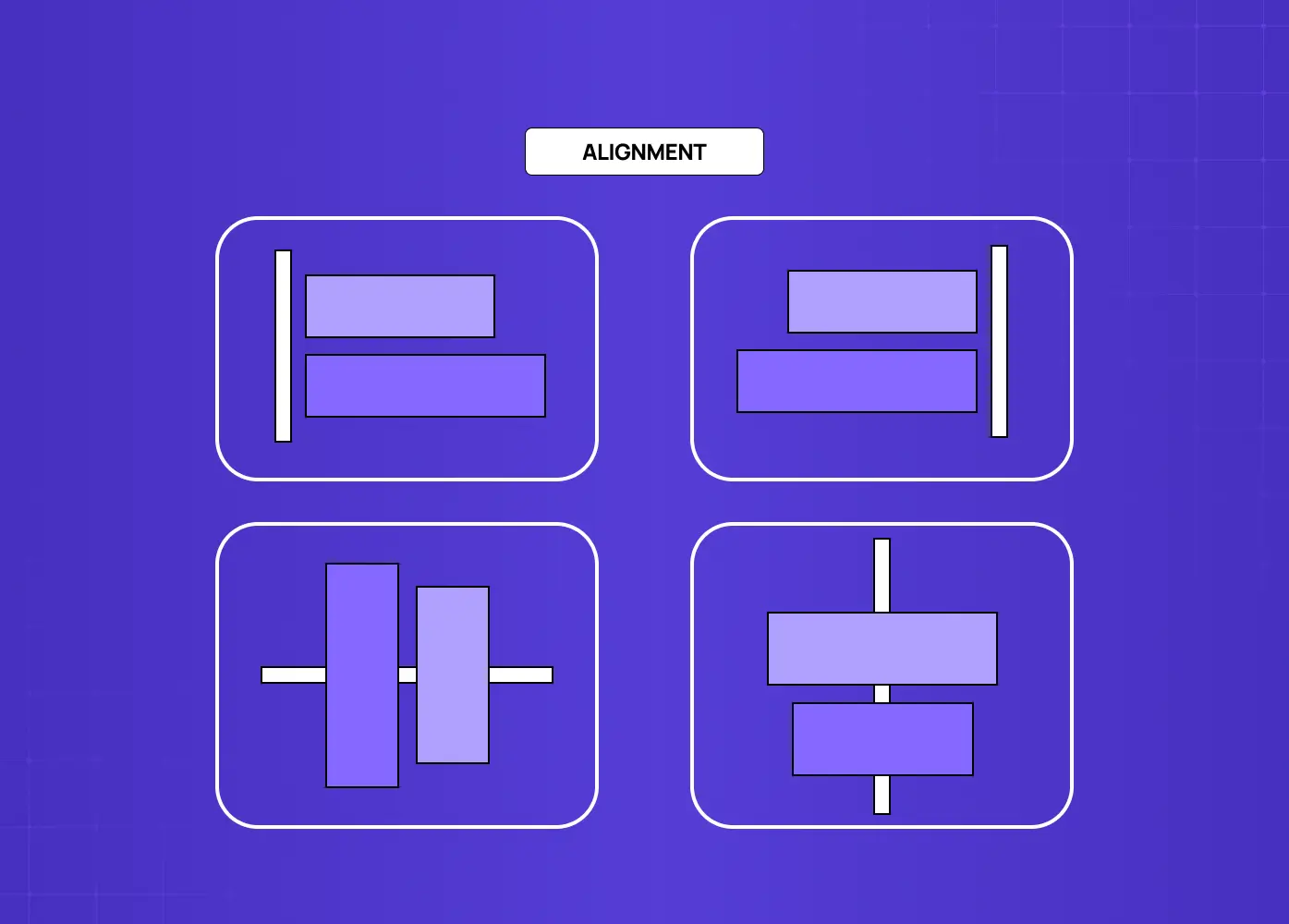 Diagrams demonstrating left, right, and center alignment principles to create order and visual harmony in layouts.