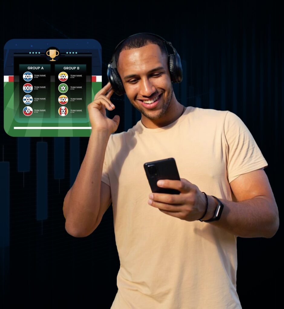 A man with headphones, holding a cell phone, accessing real-time sports data from NexusLive's new platform.