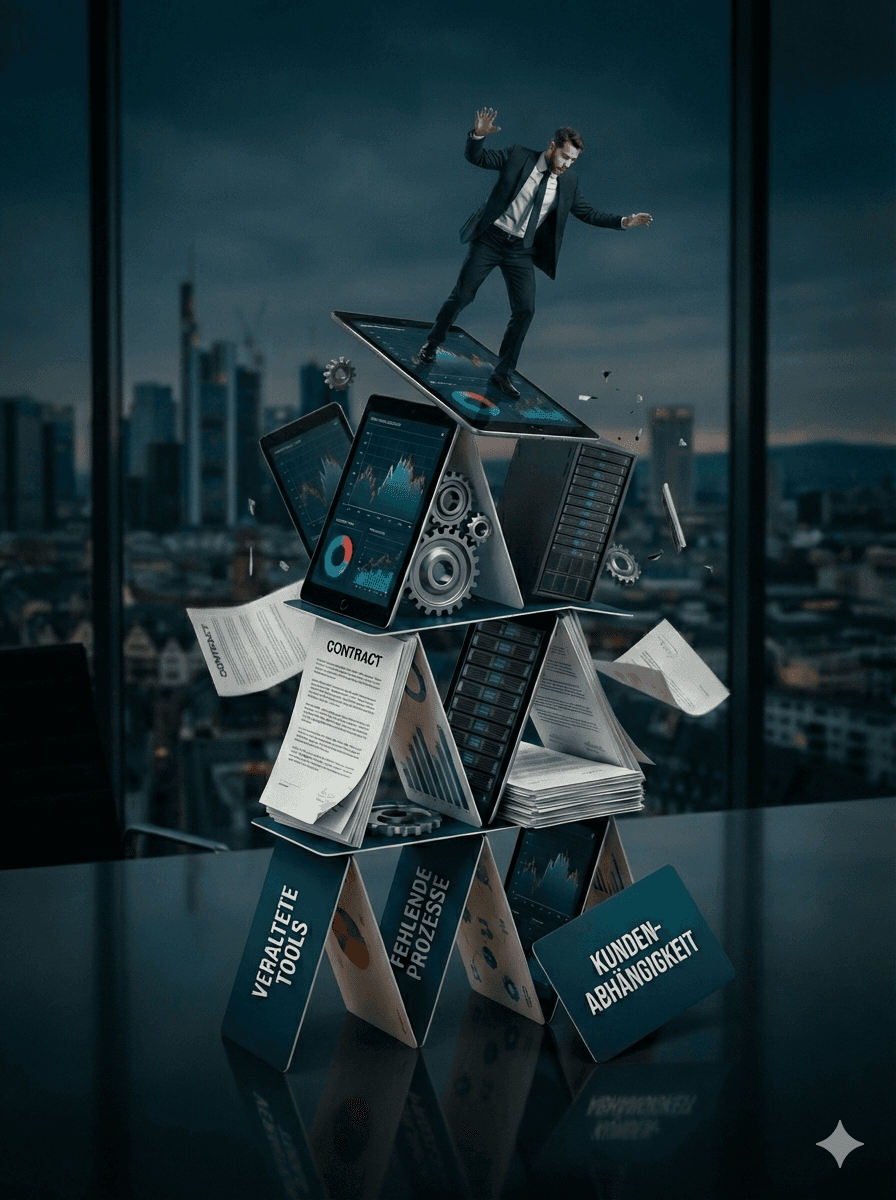 Man in a white shirt focused on a desktop computer displaying charts and data in a softly lit workspace.