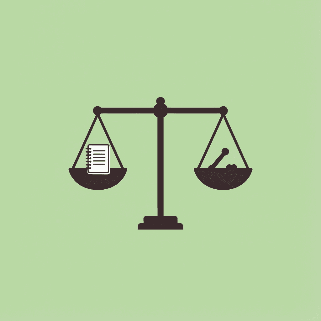 Balance scale showing quantity of notes on one side versus quality of note design on the other