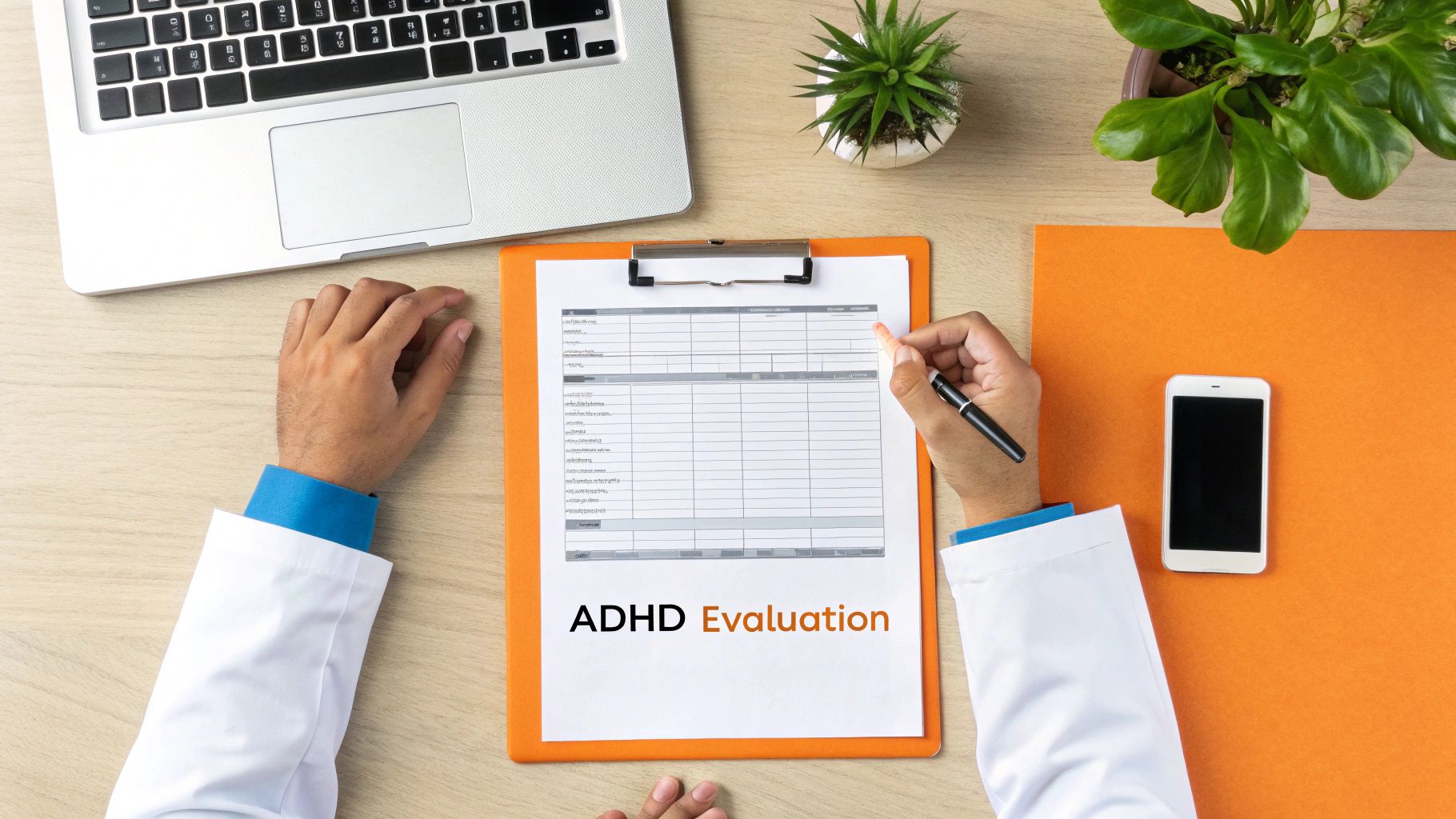 A person sitting at a desk, focused on filling out a questionnaire for an ADHD assessment.