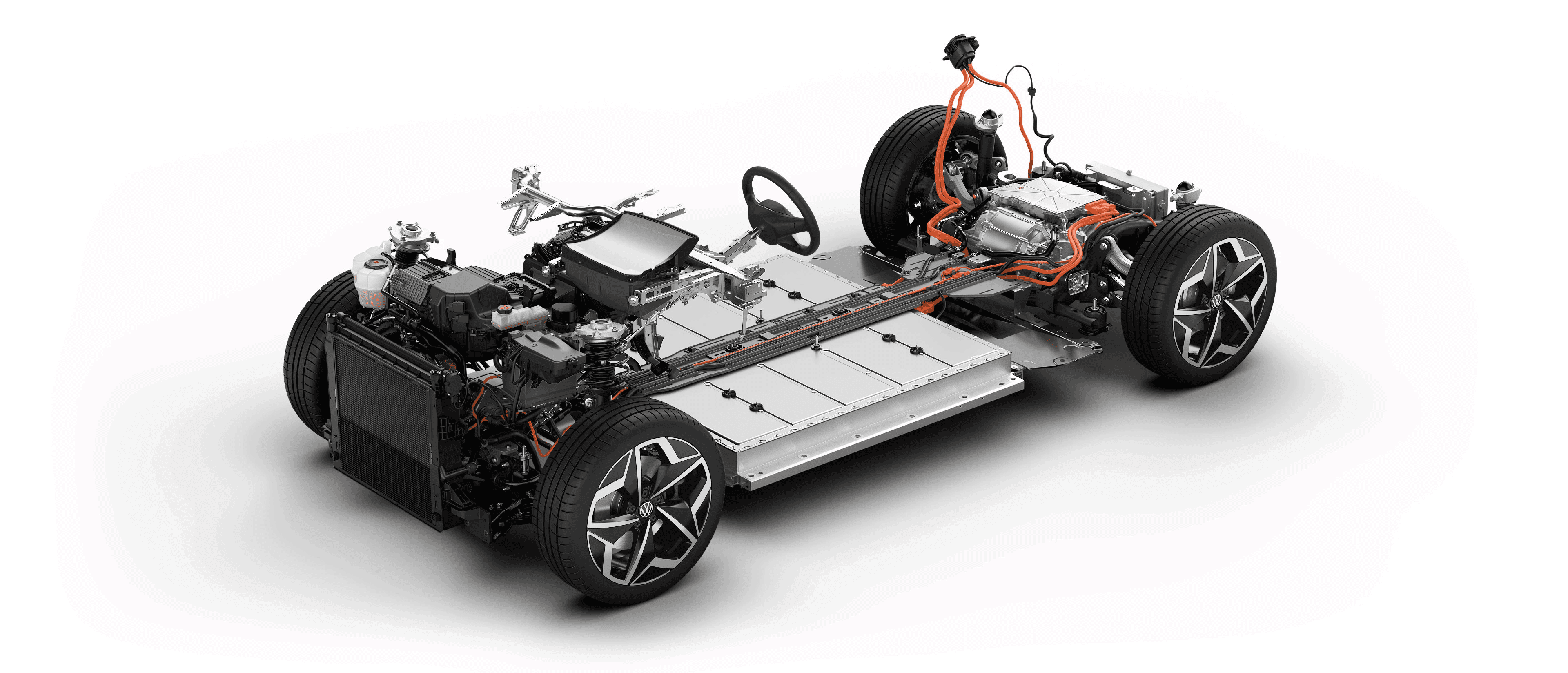 Architecture technique de la plateforme Volkswagen MEB avec pack batterie, câblage haute tension et groupe motopropulseur électrique