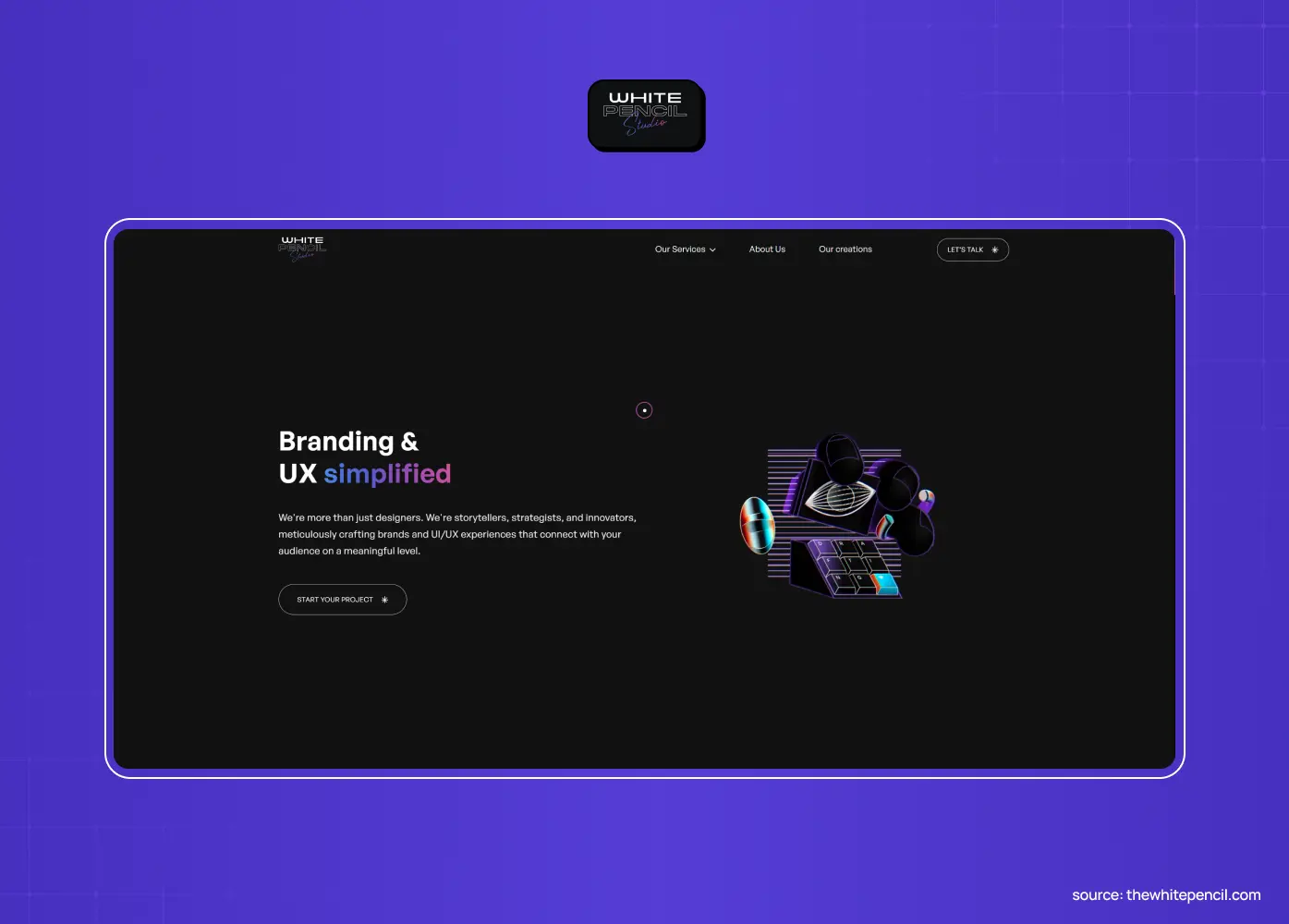 White Pencil Studio homepage, dark layout with the headline “Branding & UX simplified” and an illustrated figure at a desk.
