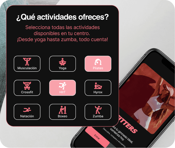 Interfaz de Fitters con opciones para seleccionar actividades de un gimnasio