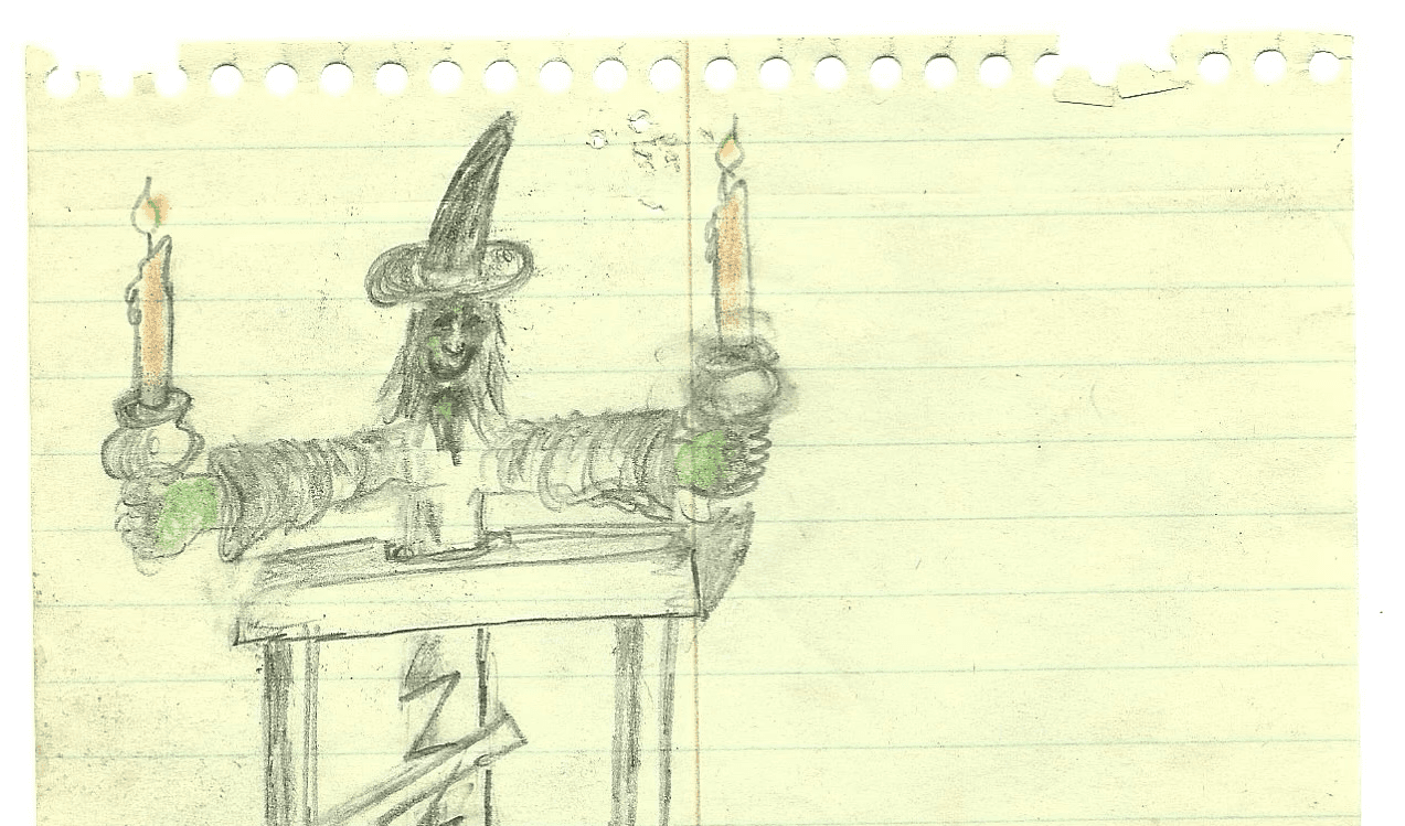 Sketch of a witch-like figure holding candles on lined paper.