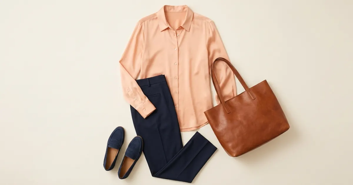 Peach silk shirt laid flat with navy tailored trousers, navy suede loafers and a cognac leather tote on a warm ivory background