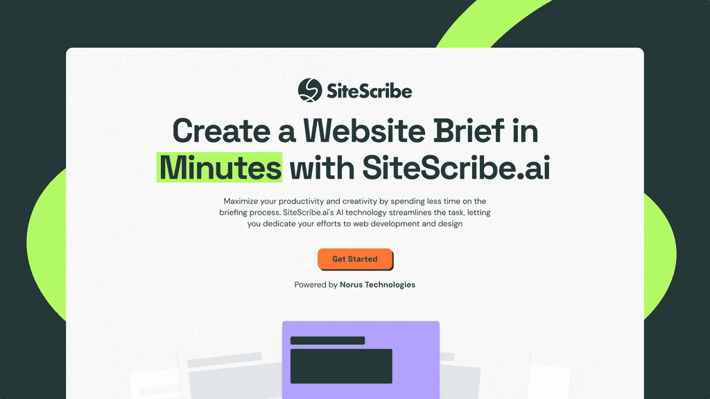 SiteScribe.ai landing page: “Create a website brief in minutes”.