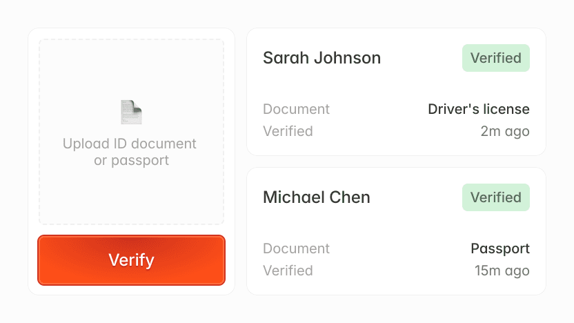User verification screen showing uploaded ID documents for Sarah Johnson (driver's license) and Michael Chen (passport).