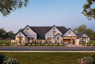 Luxury residential 3D rendering of a modern single-family home with landscaped garden and driveway — architectural visualization by 3D CBA.