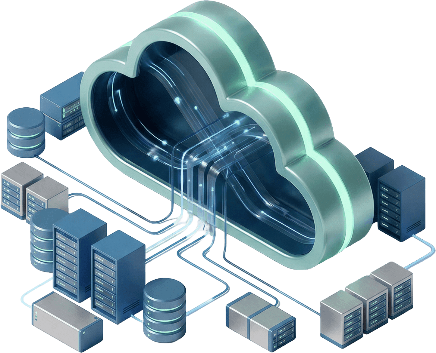 Isometric 3D illustration showing cloud infrastructure architecture with teal cloud icon connected to multiple server towers and database systems through data flow lines