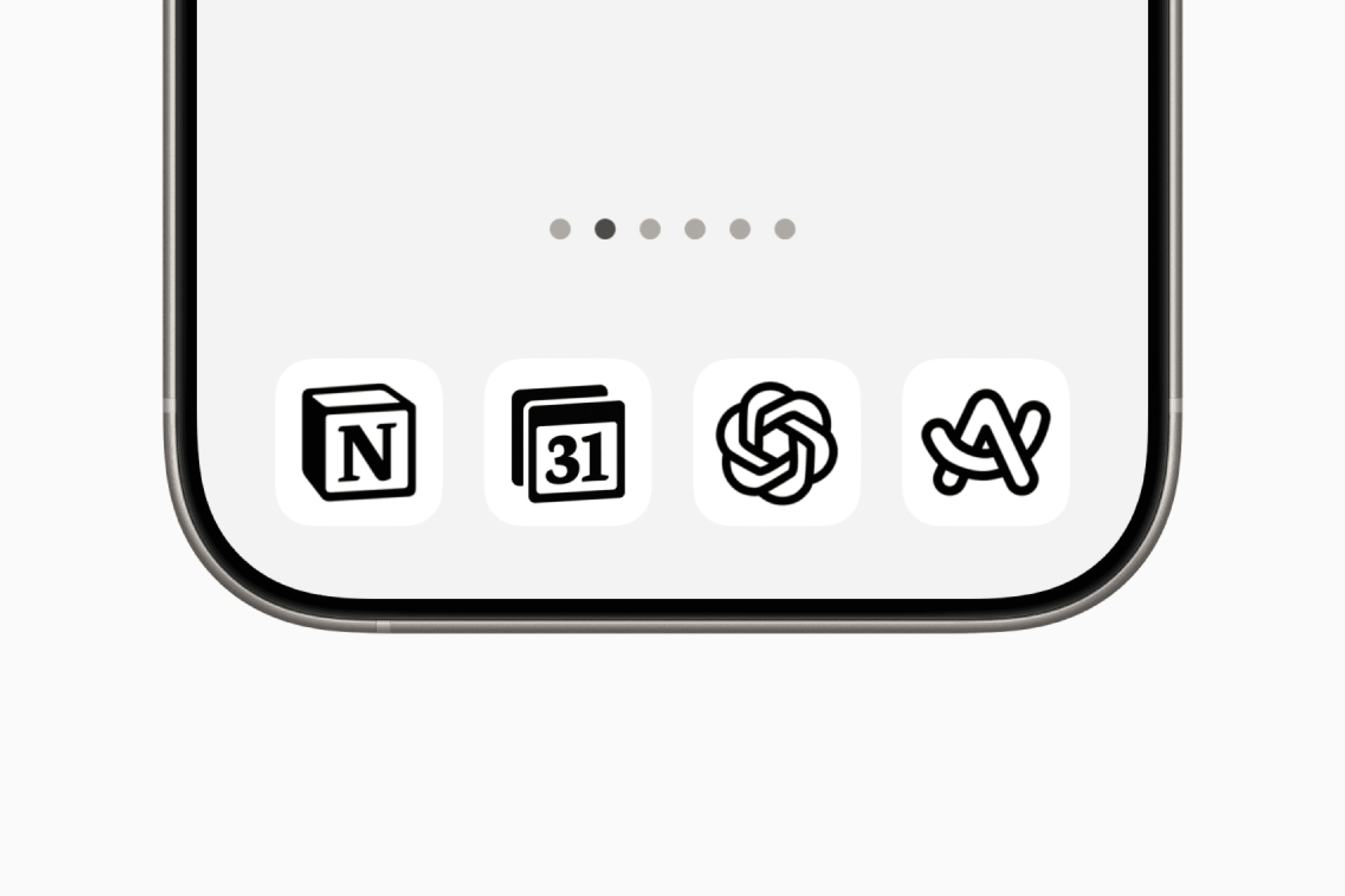 Dock apps including Notion, Notion Calendar, ChatGPT, and Arc Search on the iPhone home screen