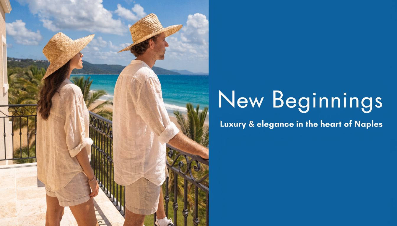 A couple wearing straw hats and linen outfits standing on a balcony overlooking a tropical beach.