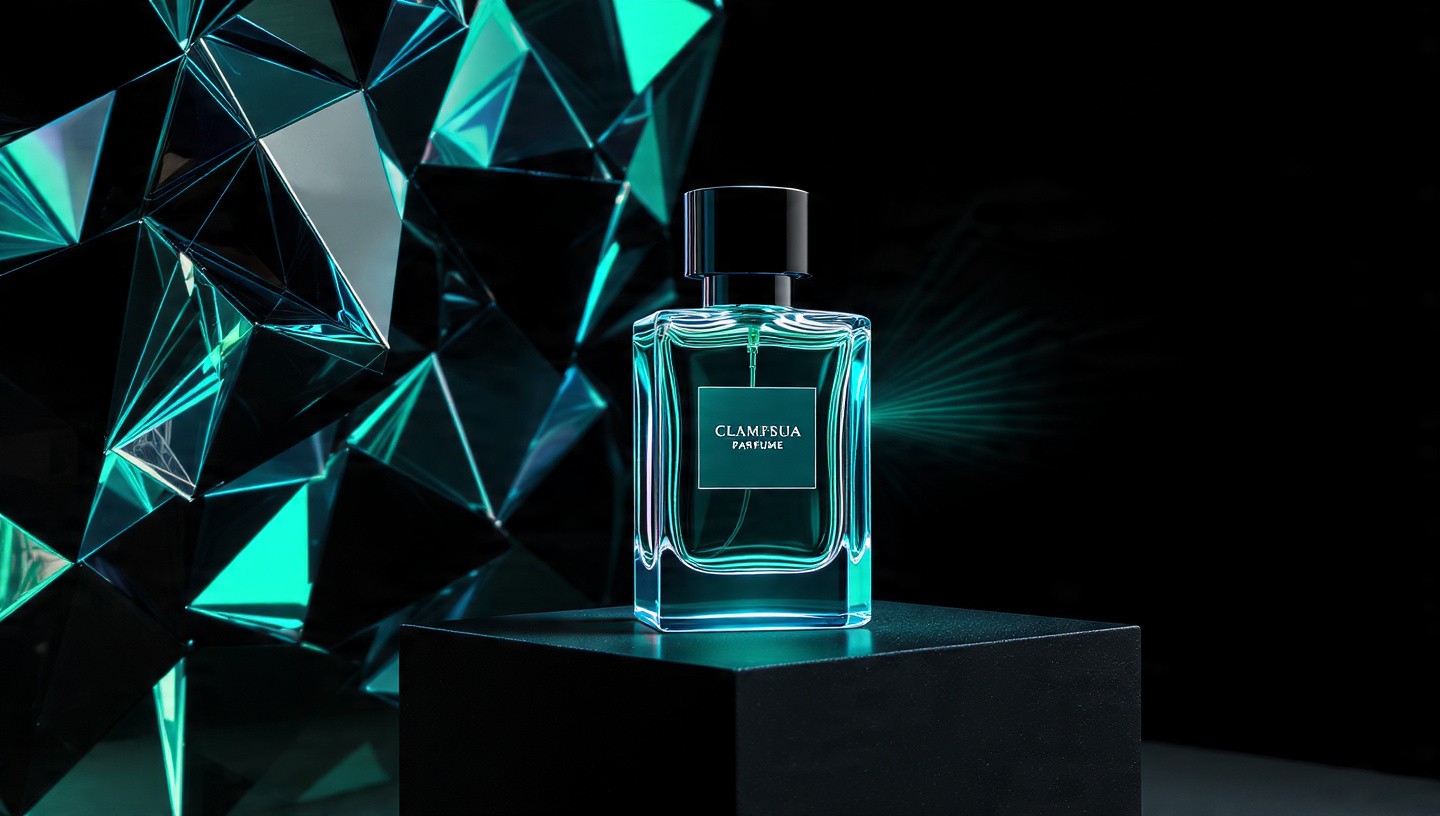 Modern geometric perfume presentation featuring a square bottle of bright turquoise fragrance, black cap and minimalist label reading "CLAMPSUA PARFUME", set on a dark plinth surrounded by sharp, reflective polyhedral shards bathed in electric teal glow and light flares.