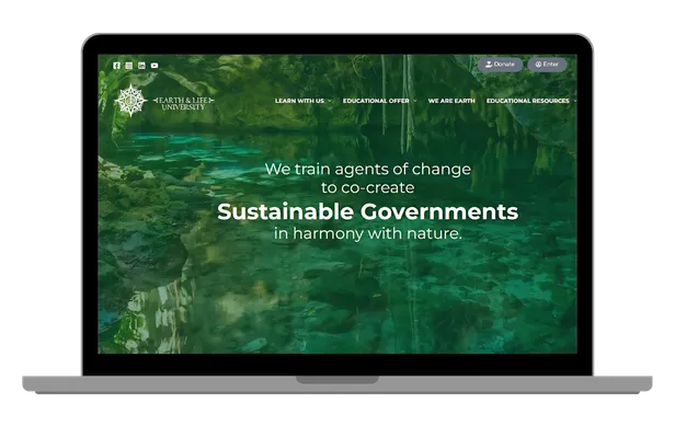 Laptop displaying Earth & Life University homepage for sustainable government education.