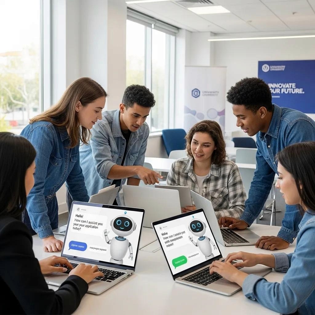 Diverse students engaging with AI technology in an educational environment