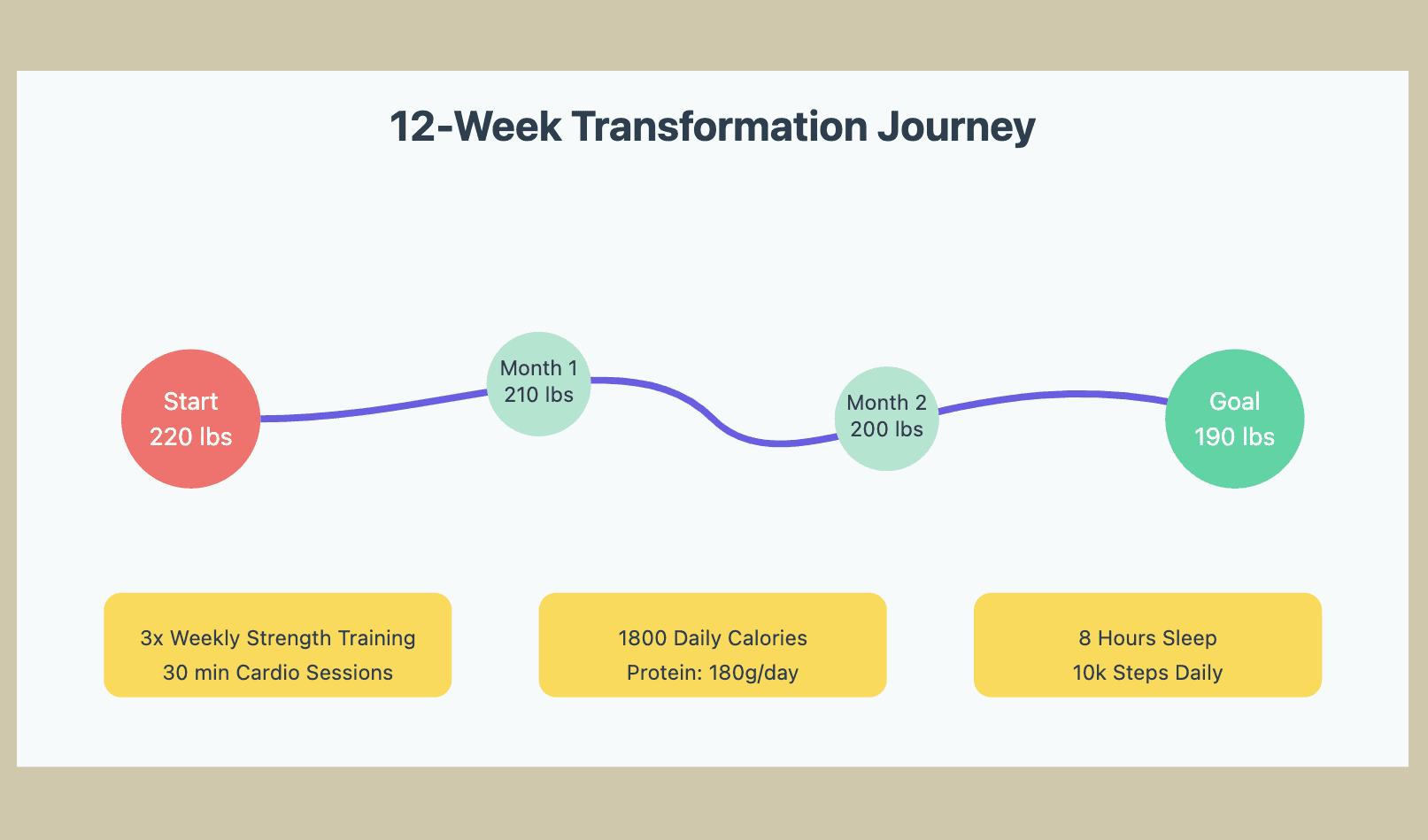 A curved path showing a 12-week weight loss journey from 220 lbs to 190 lbs, with monthly milestones and three key activity boxes below highlighting exercise, nutrition, and lifestyle goals.