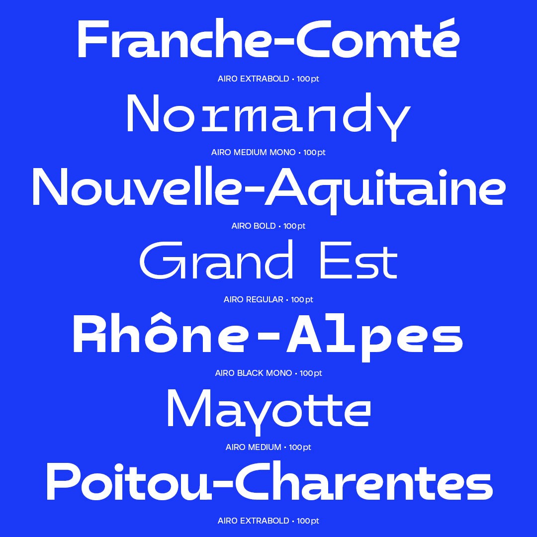 blue and white specimen of airo display and mono styles showcasing various french areas