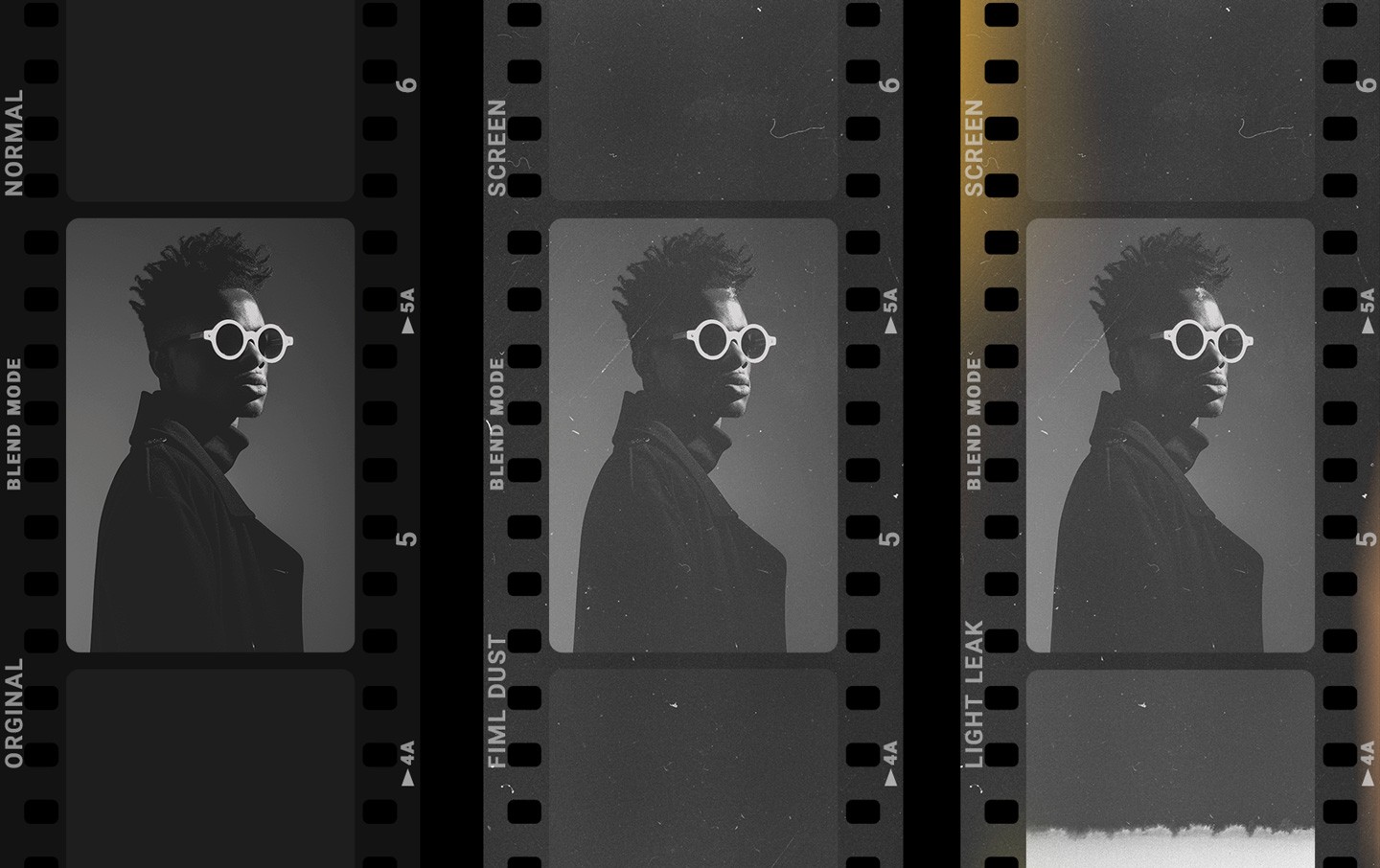 Portrait photograph with vintage film dust overlay and realistic analog scratches