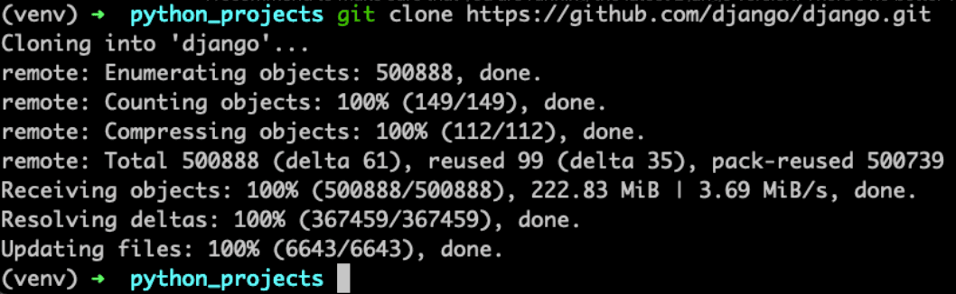 A console showing the Django installation.