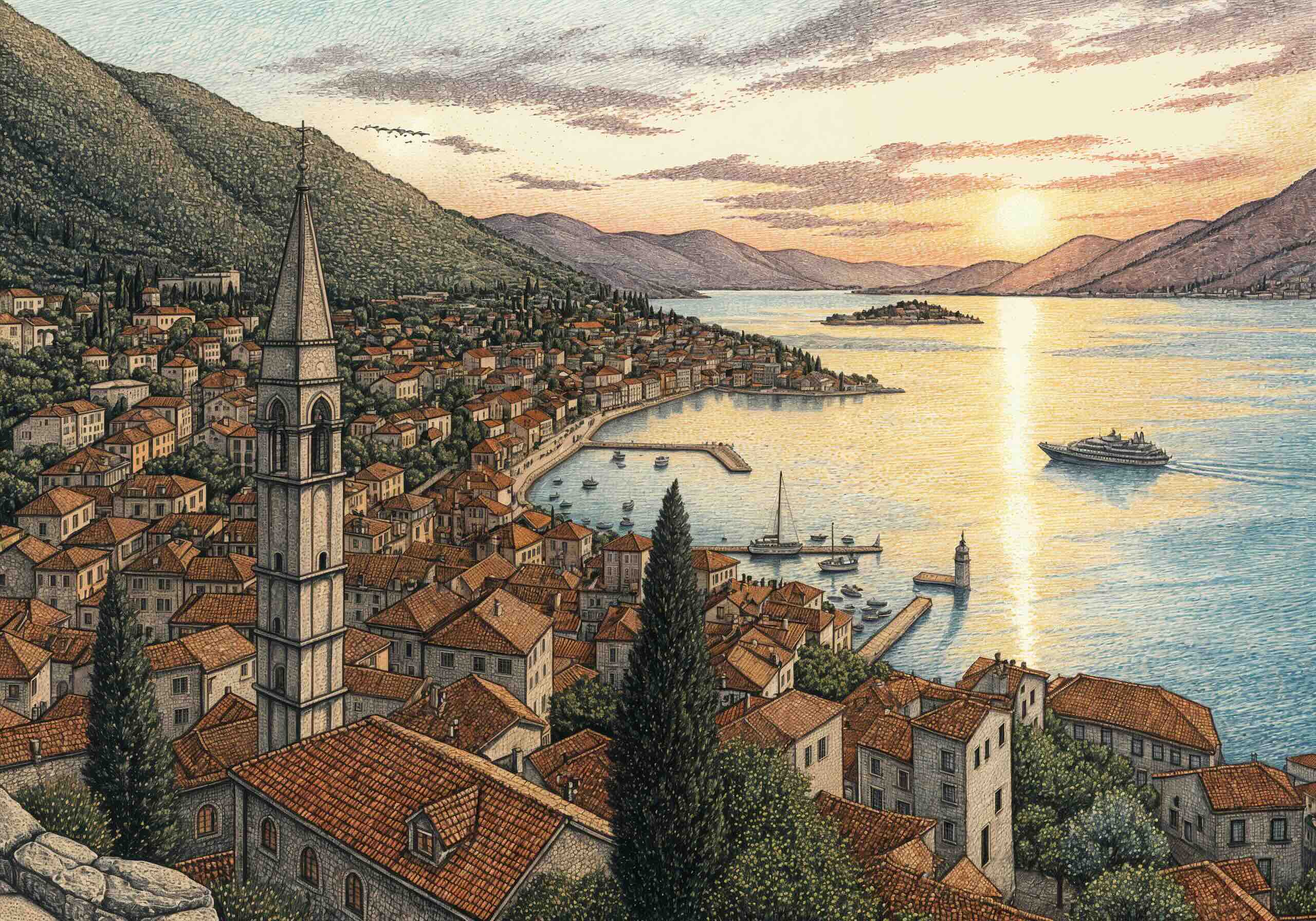 A scenic illustration of a coastal town in Montenegro at sunset, featuring terracotta-roofed buildings, a tall church steeple, and a harbor with boats. The golden sun reflects on the calm sea, surrounded by mountains.