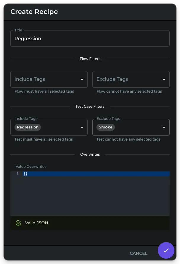 Create Recipe node pop-up in DoesQA with tags applied