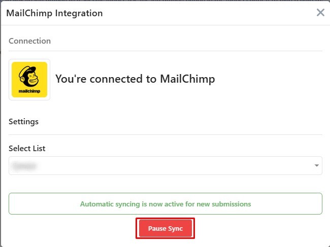 Select Mailchimp List and Start Sync