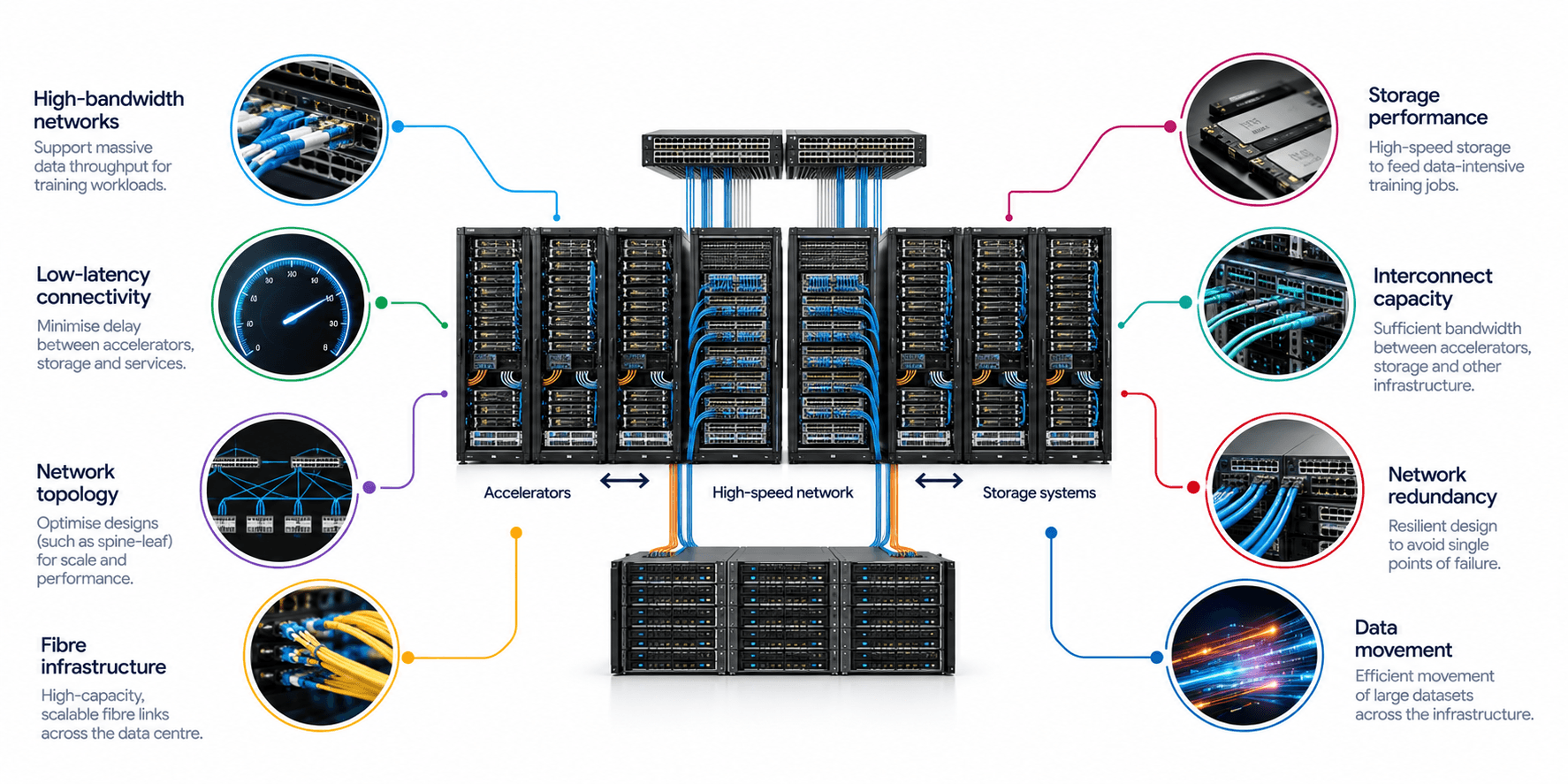 how AI data centre networking connects accelerators, high-speed networks and storage systems, highlighting high-bandwidth networks, low-latency connectivity, network topology, fibre infrastructure, storage performance, interconnect capacity, network redundancy and efficient data movement.