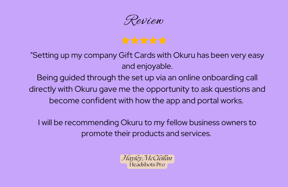 5 star review from a local business joining as Okuru Partner