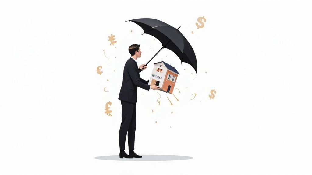A man in a suit uses an umbrella to protect a house model from financial risks, surrounded by currency symbols.