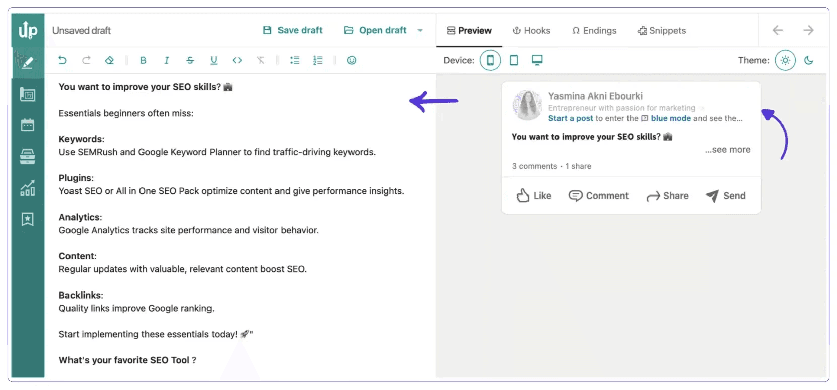 A screenshot of AuthoredUp's dashboard, featuring the built-in LinkedIn post editor