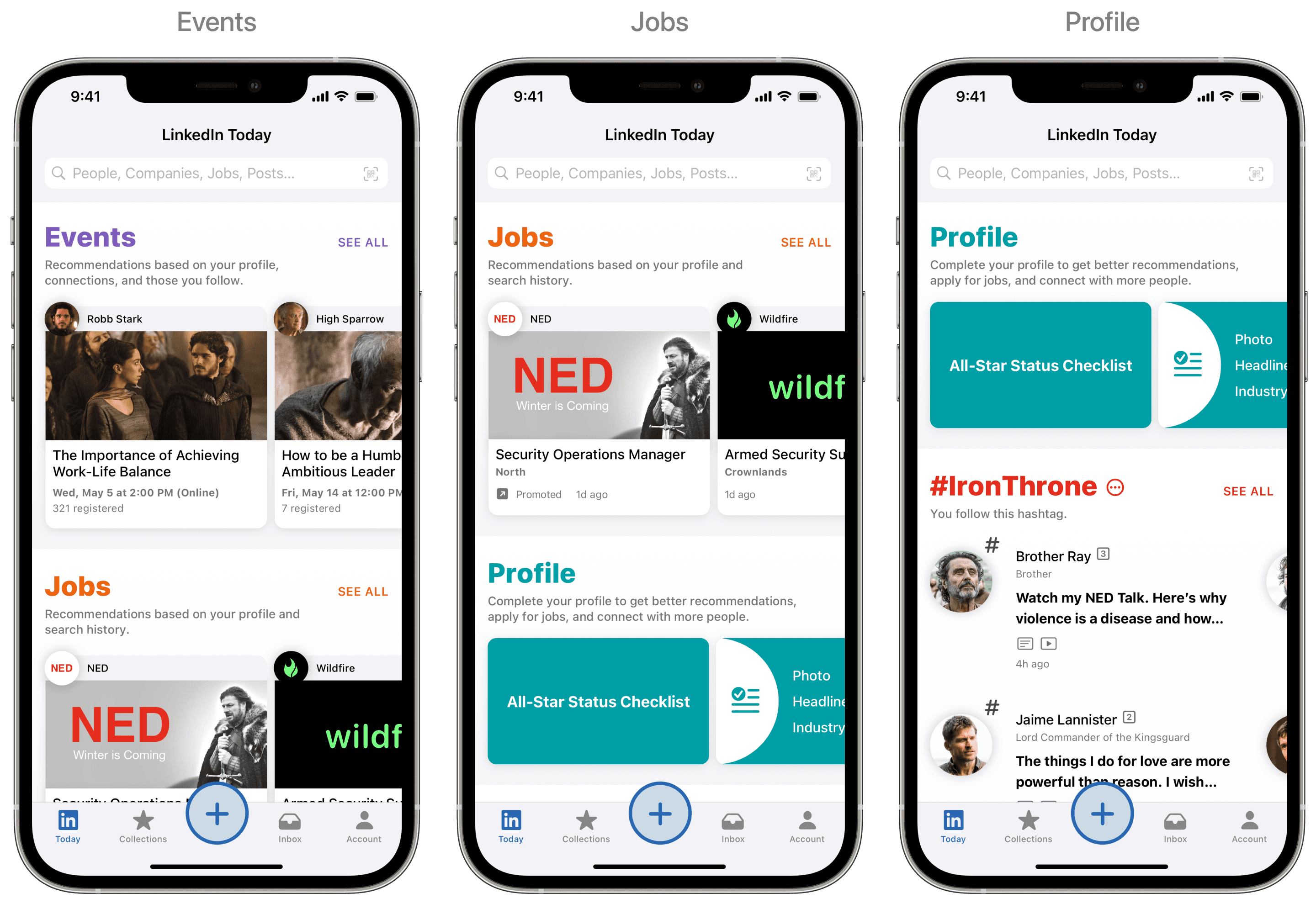 LinkedIn Today sections for Events, Jobs, and Profile