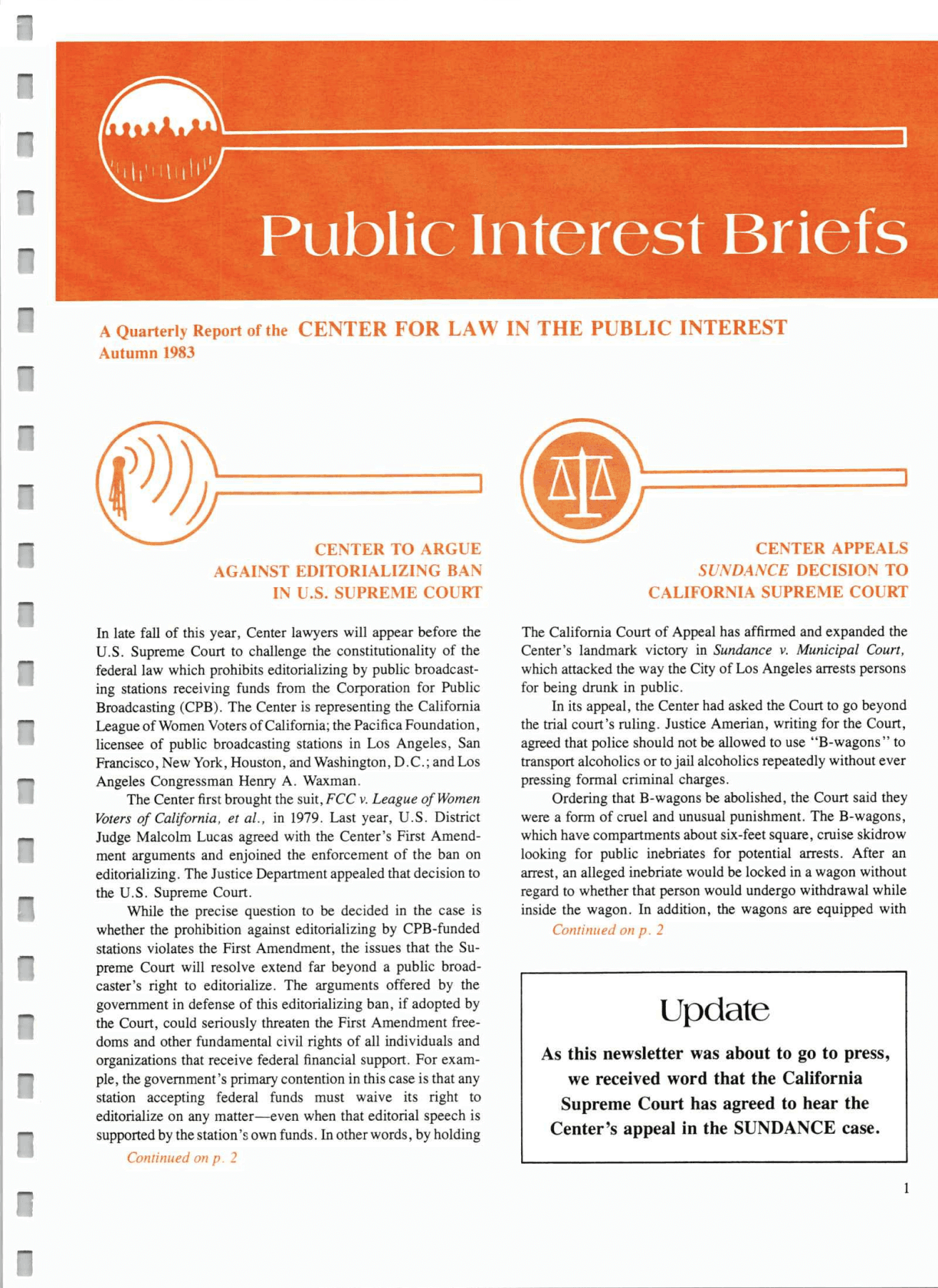 Cover of Center for Law In The Public Interest's Quarterly Report, Autumn 1983 Edition Public Interest Briefs