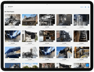 magic plan photo gallery displaying categorized property damage images for insurance documentation