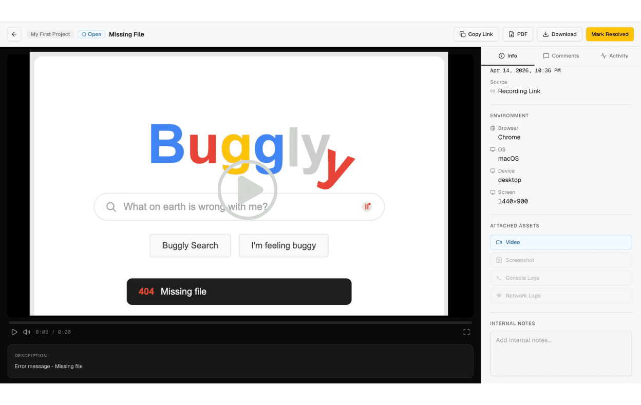Bugtrotter bug report with a side-by-side view of a user video recording and technical console logs