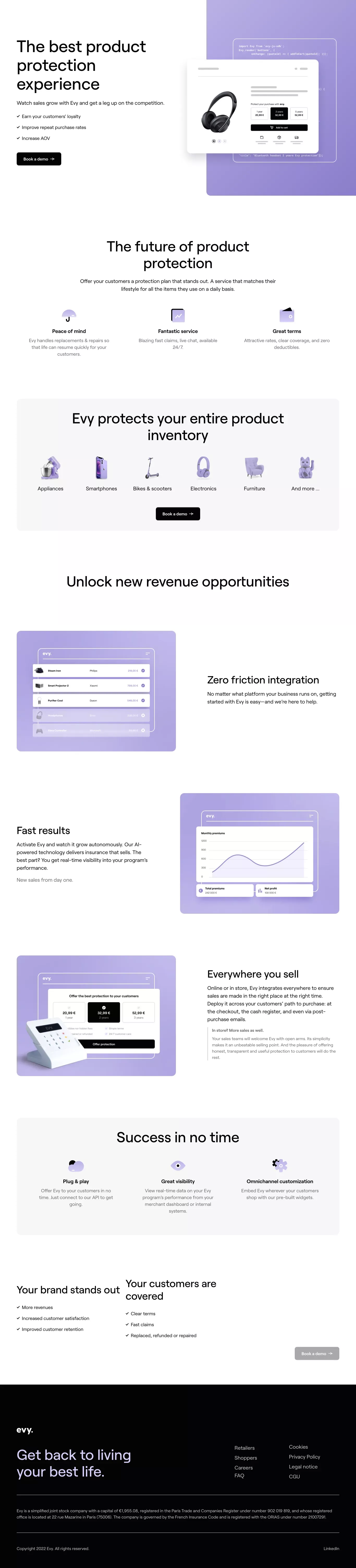 Evy - La meilleure expérience de protect landing page screenshot showcasing Tech and Ecommerce design