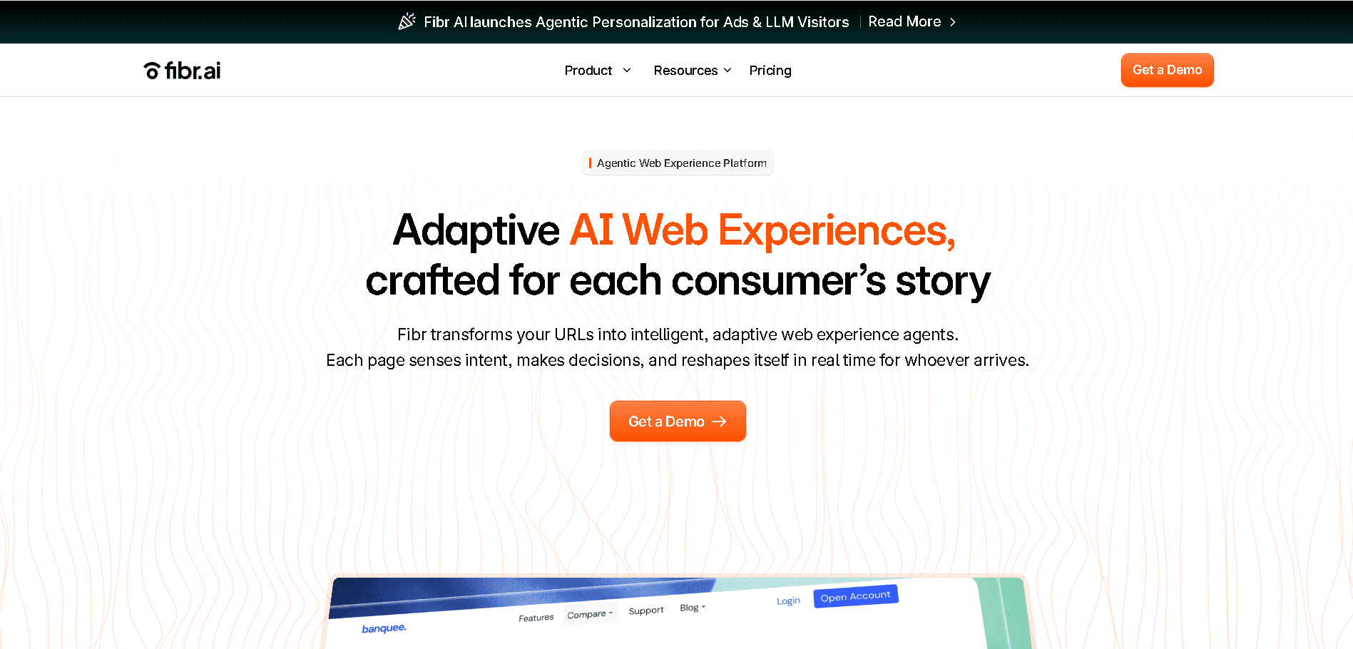 Fibr AI homepage showcasing adaptive AI web experiences.