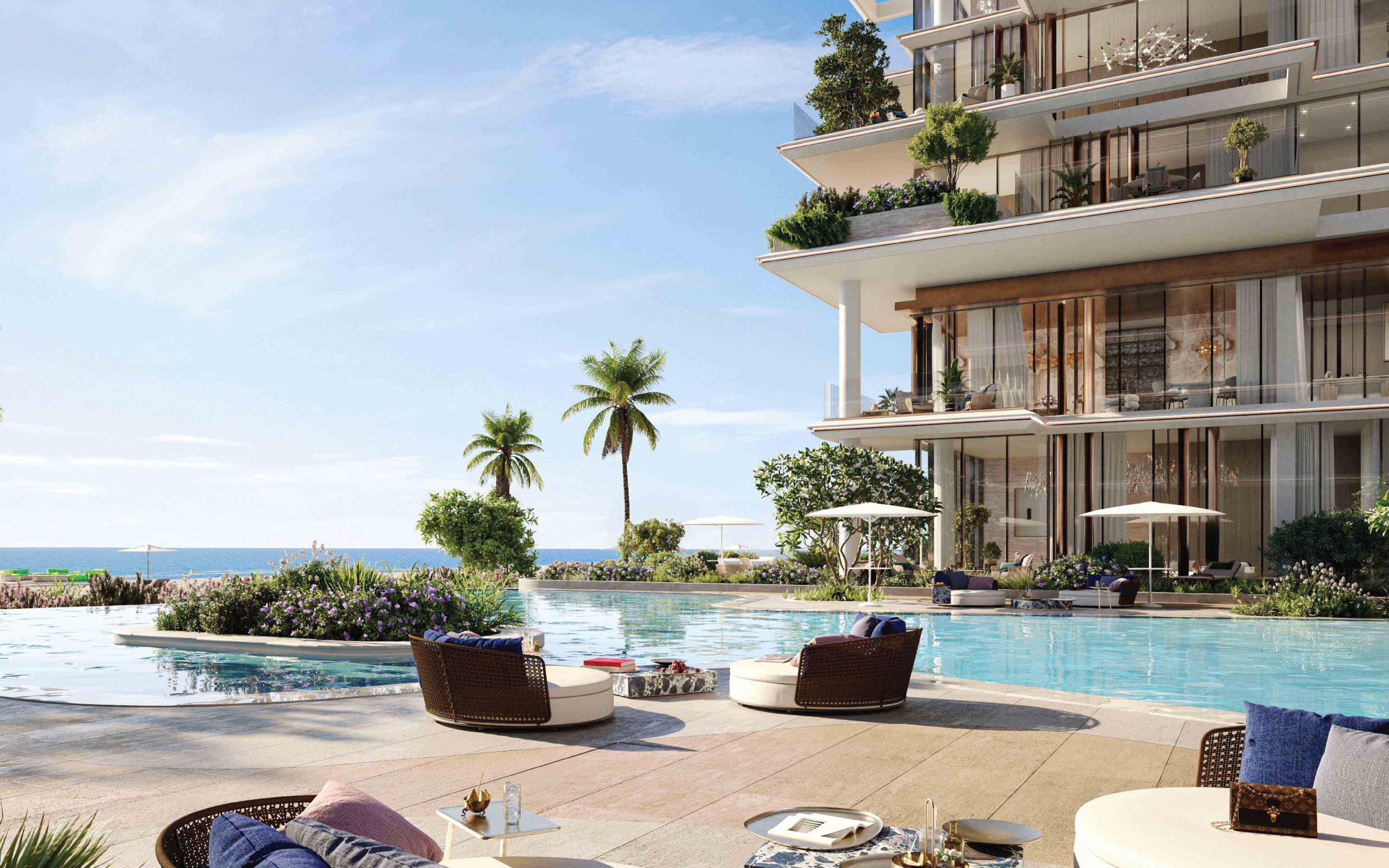 The Tides beachfront apartments in Dubai, featuring contemporary design and a picturesque view of the marina.