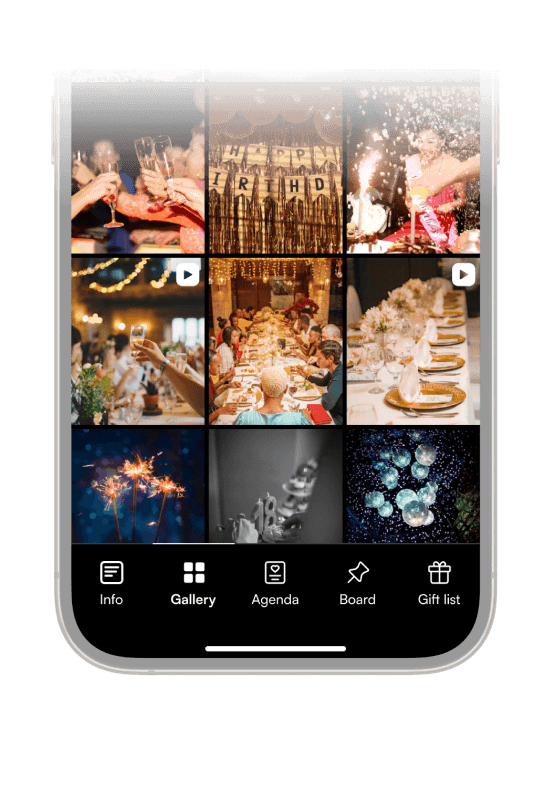 Schermata Togevent: galleria foto condivisa per caricare gli scatti degli invitati