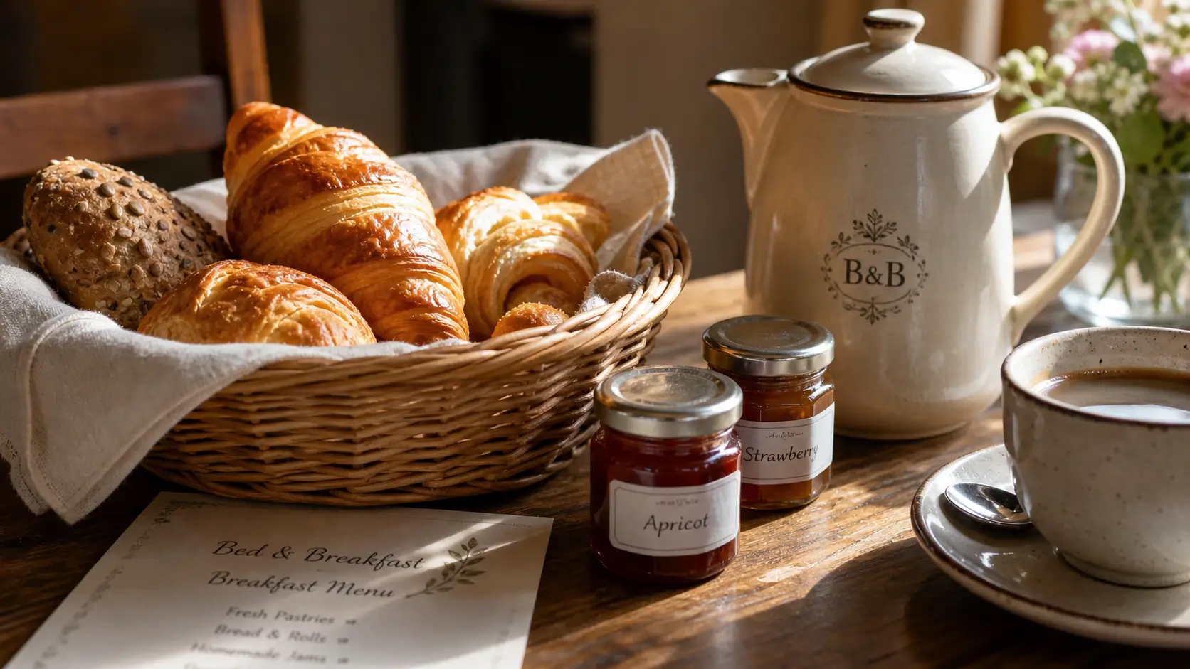 Bed and breakfast breakfast table with pastries, jam jars, and a small printed menu card.