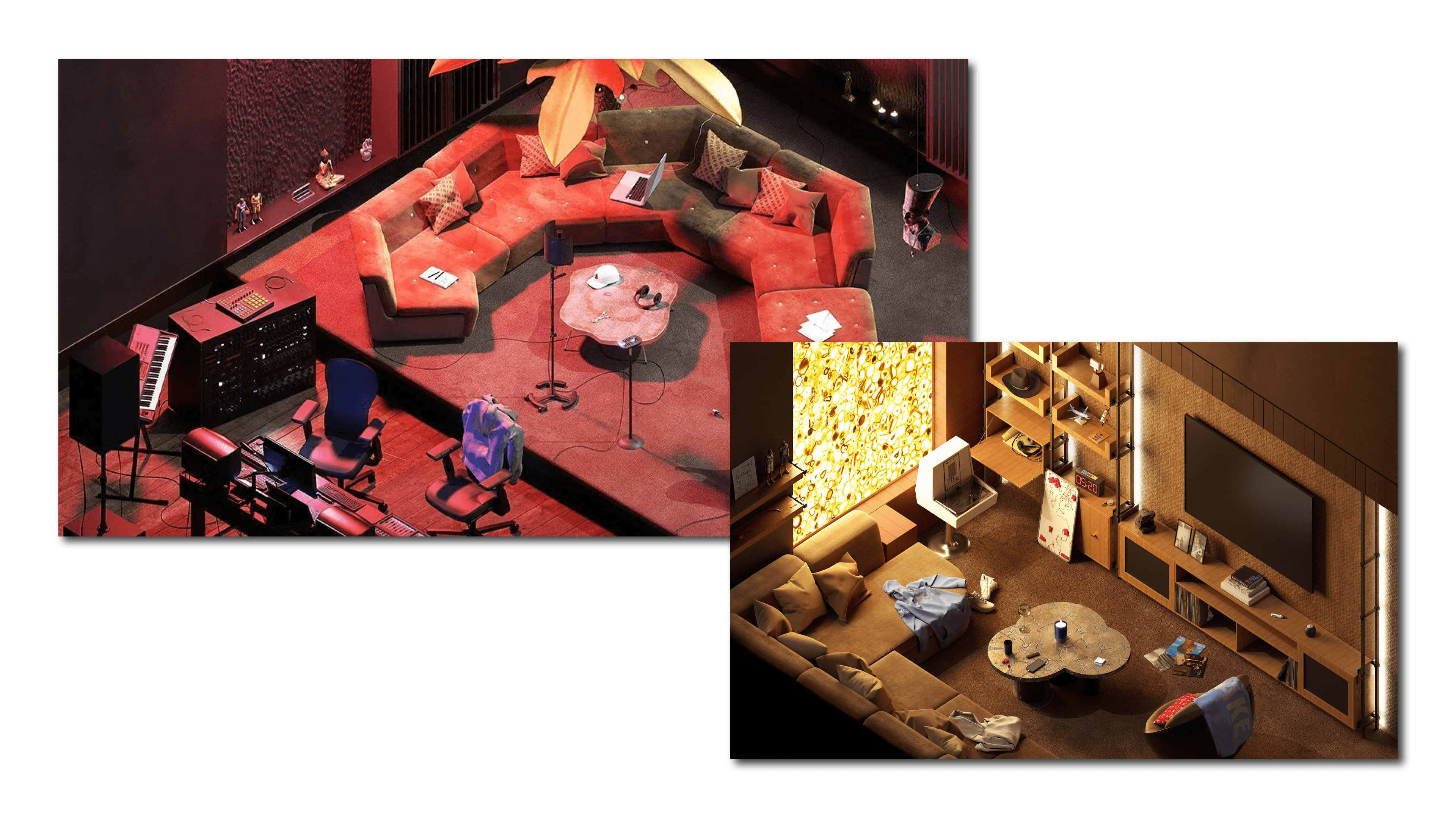 Drake Related interactive rooms show studio and lounge spaces with furniture, music gear, and wall decor.