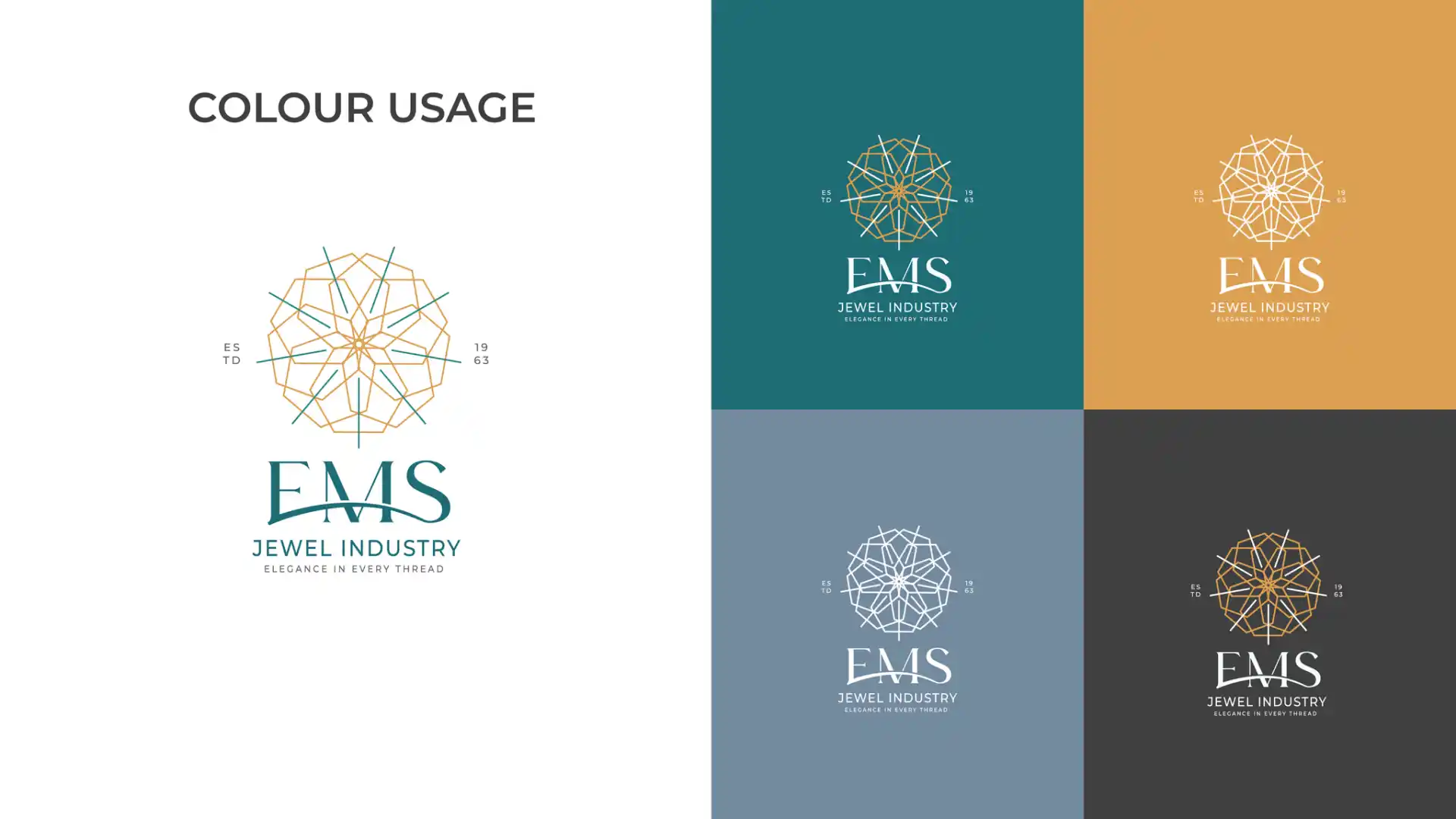 EMS Jewellers logo color usage across teal, gold, slate and charcoal backgrounds