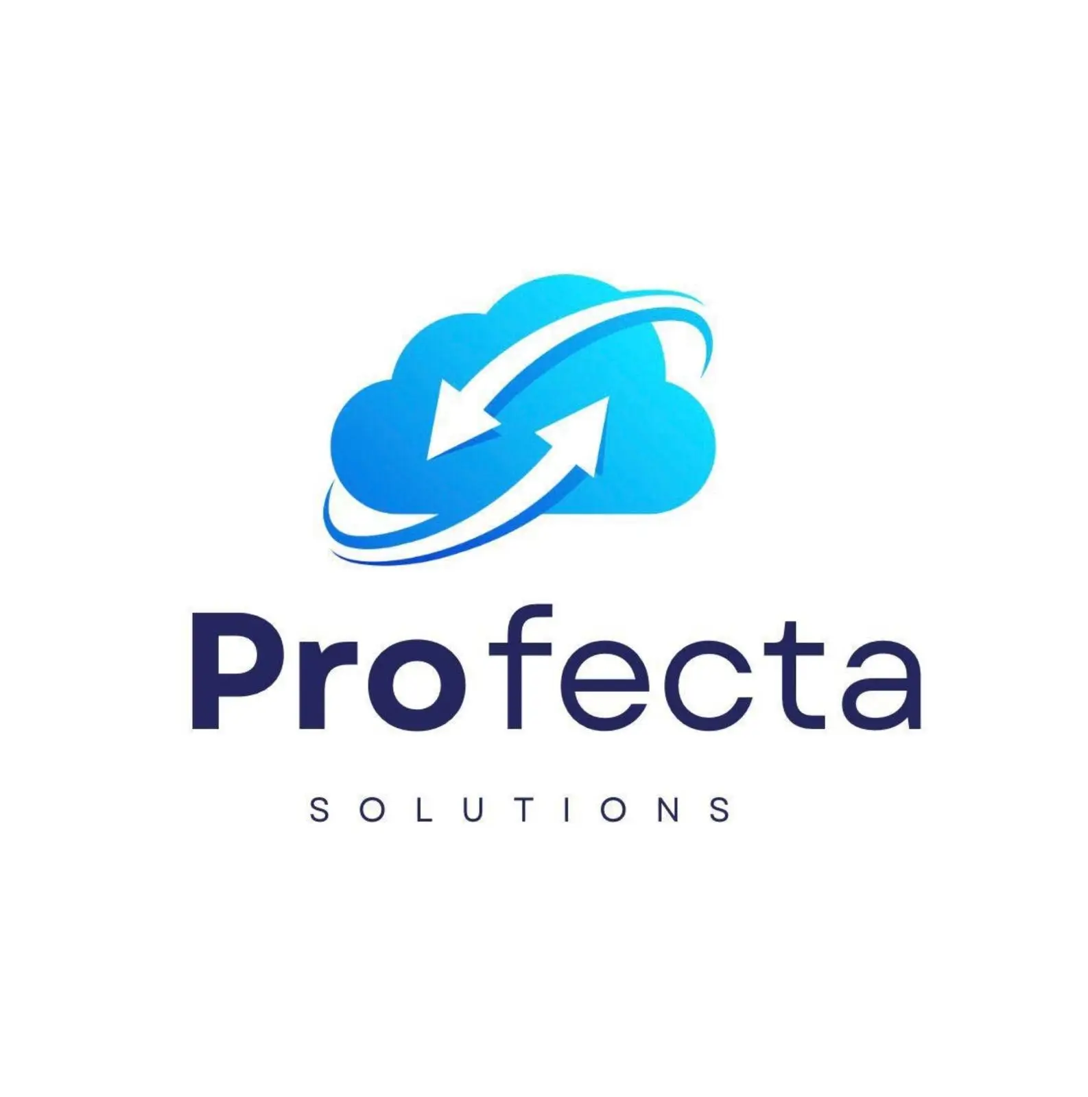 Logo van 'Profecta Solutions' met een blauwe wolkenvorm en pijlen, symboliserend technologie en innovatie.