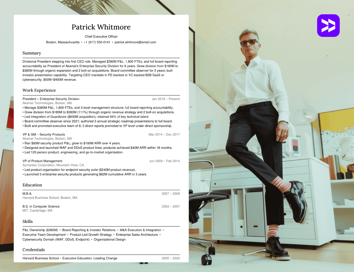 CEO executive resume example on a clean textured background